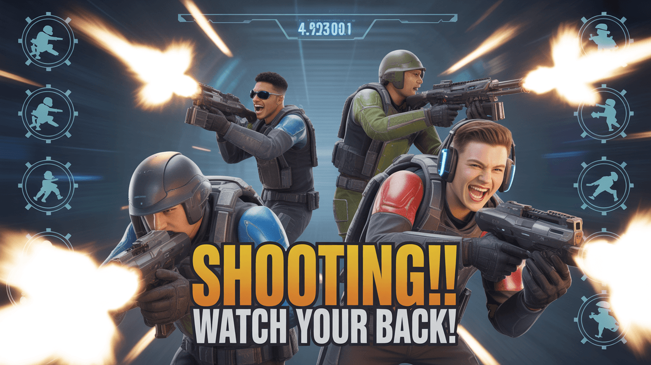 Futuristic squad firefight with Shooting Watch Your Back headline