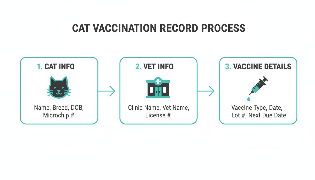 A diagram outlining the three-step cat vaccination record process: cat info, vet info, and vaccine details.