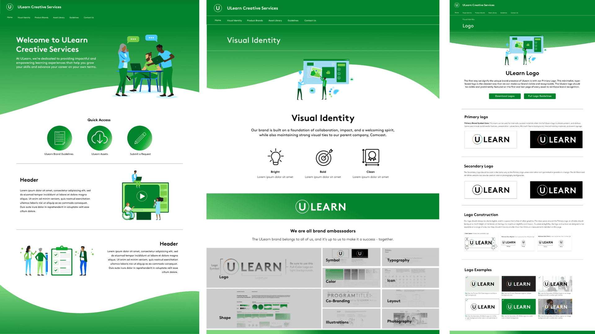 Low Fidelity Mockup of Home Page, Visual Identity Page, Logo Page