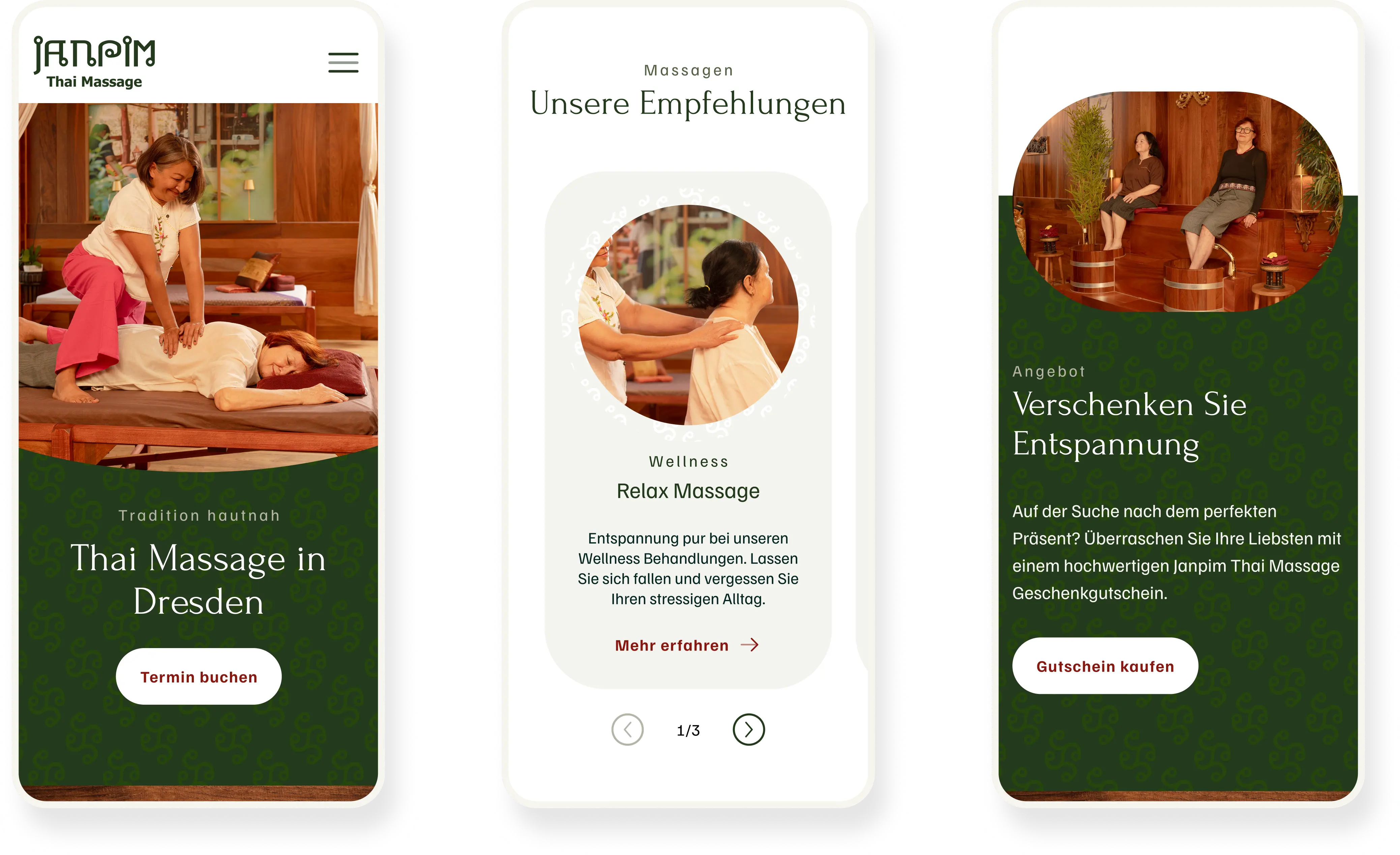Drei beispielhafte Ansichten der mobilen Ansicht der Webseite