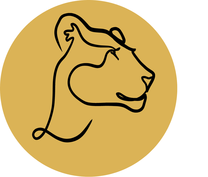 Graphical element of a lions head on yellow background. Part of the company logo. 