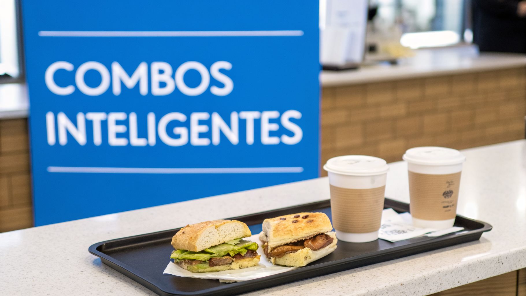 Bandeja con dos sándwiches y dos cafés para llevar, frente a un cartel azul que anuncia 'COMBOS INTELIGENTES'.
