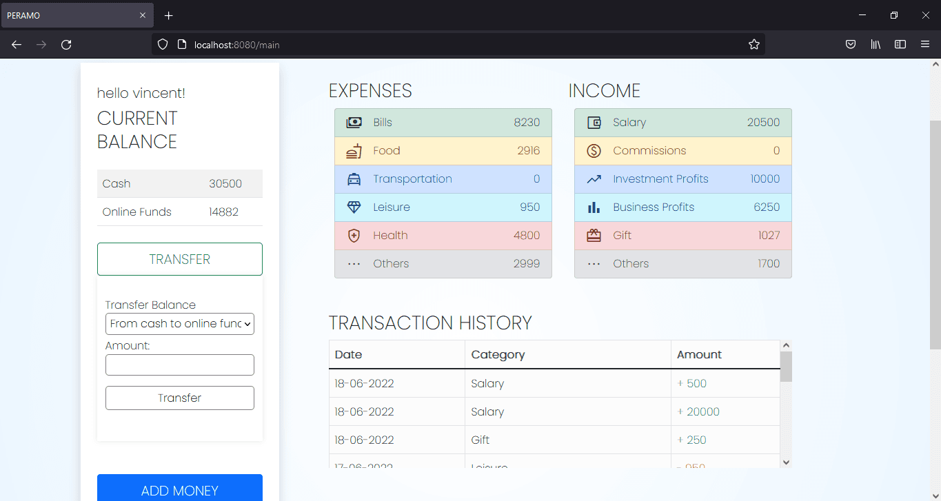 Expanded section of control panel when logging a transaction