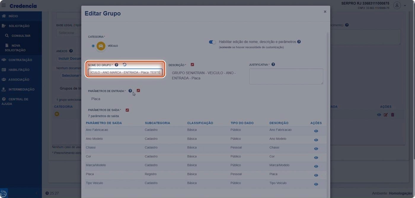 Captura de tela de referência do Credencia para Passo 3 — Editar o nome do grupo. Contexto: 15 — Editar Grupo de Informações.
