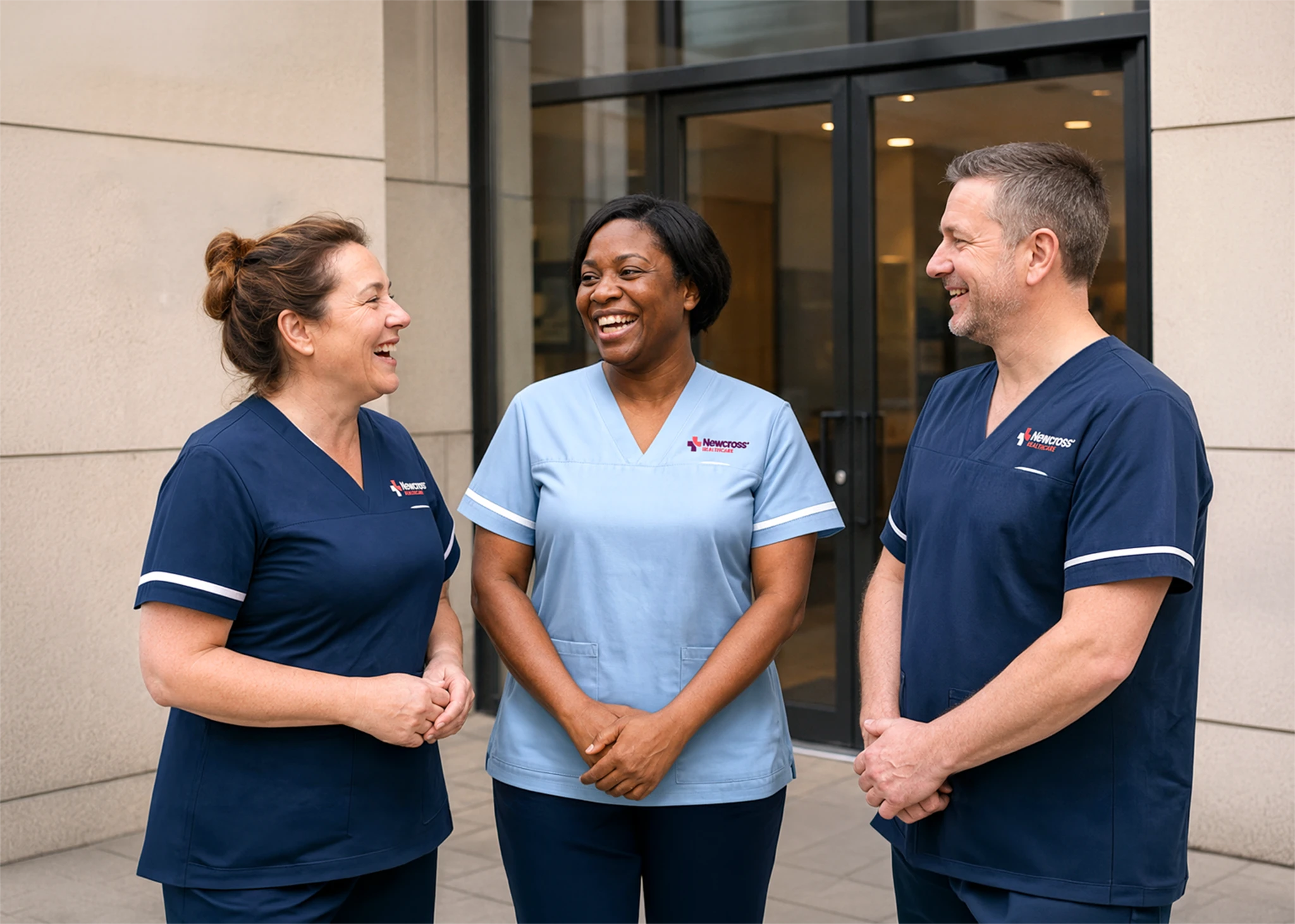 Newcross Healthcare professionals in navy uniforms outside a modern private healthcare clinic in the UK.
