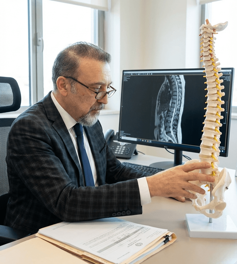 Spine surgeon in Dubai, Dr. Farid Ghasemzadeh, reviewing MRI for spinal condition diagnosis.