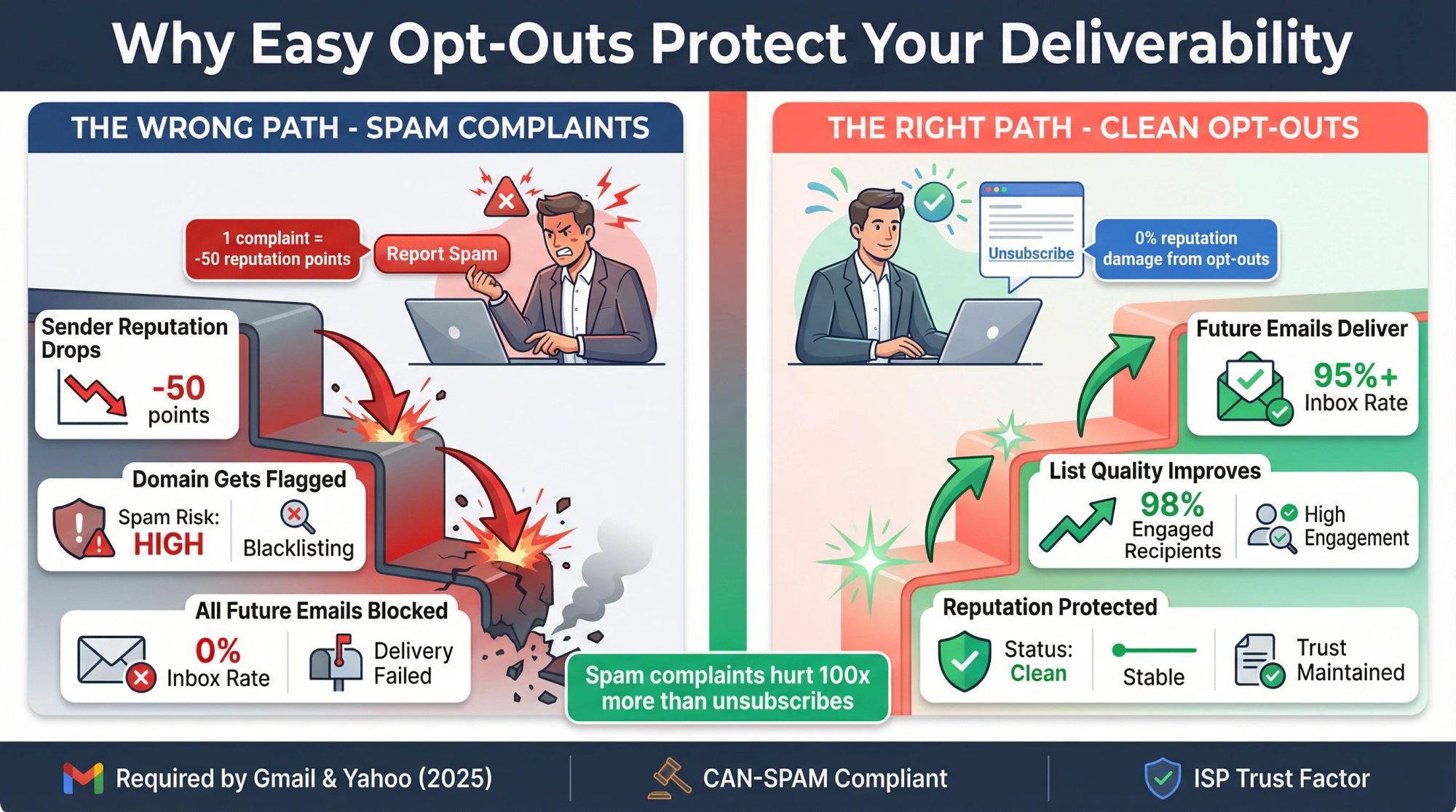 Email deliverability compliance visual showing the critical difference between spam complaints and clean unsubscribes with ISP reputation impact