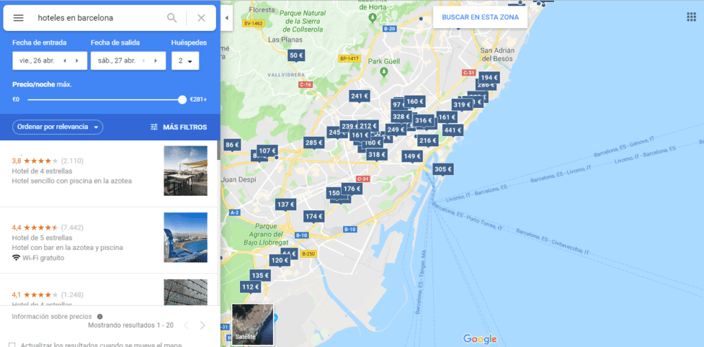 Cómo funciona Google My Business: búsqueda de hoteles en Barcelona