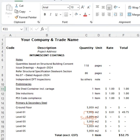 Excel Trade summary takeoff Structural Steel Trade for intumescent coatings by SubsQS