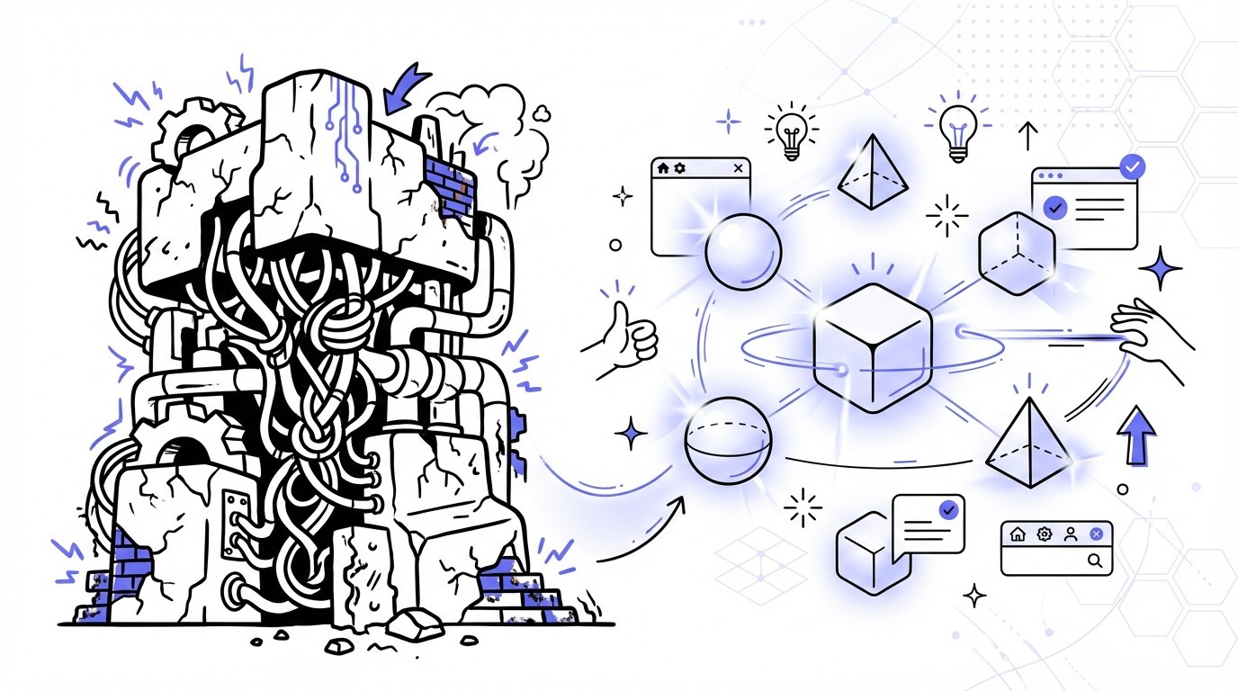 An illustration contrasting a monolithic software stack (tangled wires, crumbling structure) on the left with a modern, modular, cloud-native architecture (sleek, glowing, interconnected geometric modules) on the right.