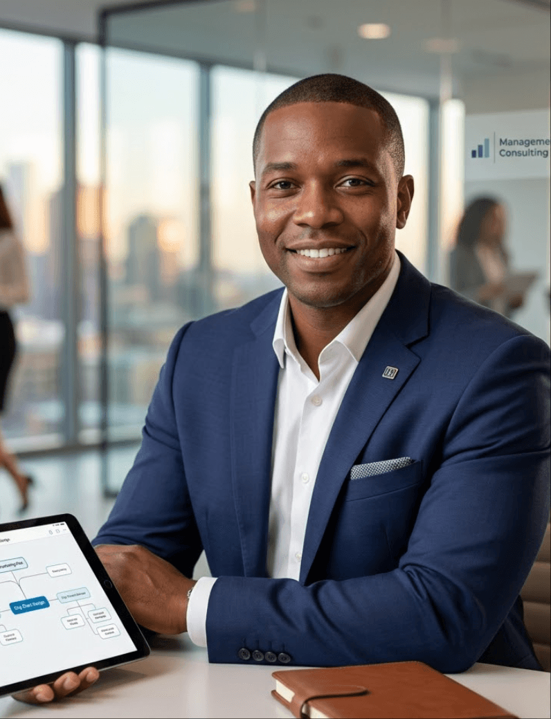 管理顧問在客戶會議中使用 org chart maker 來展示重組提案