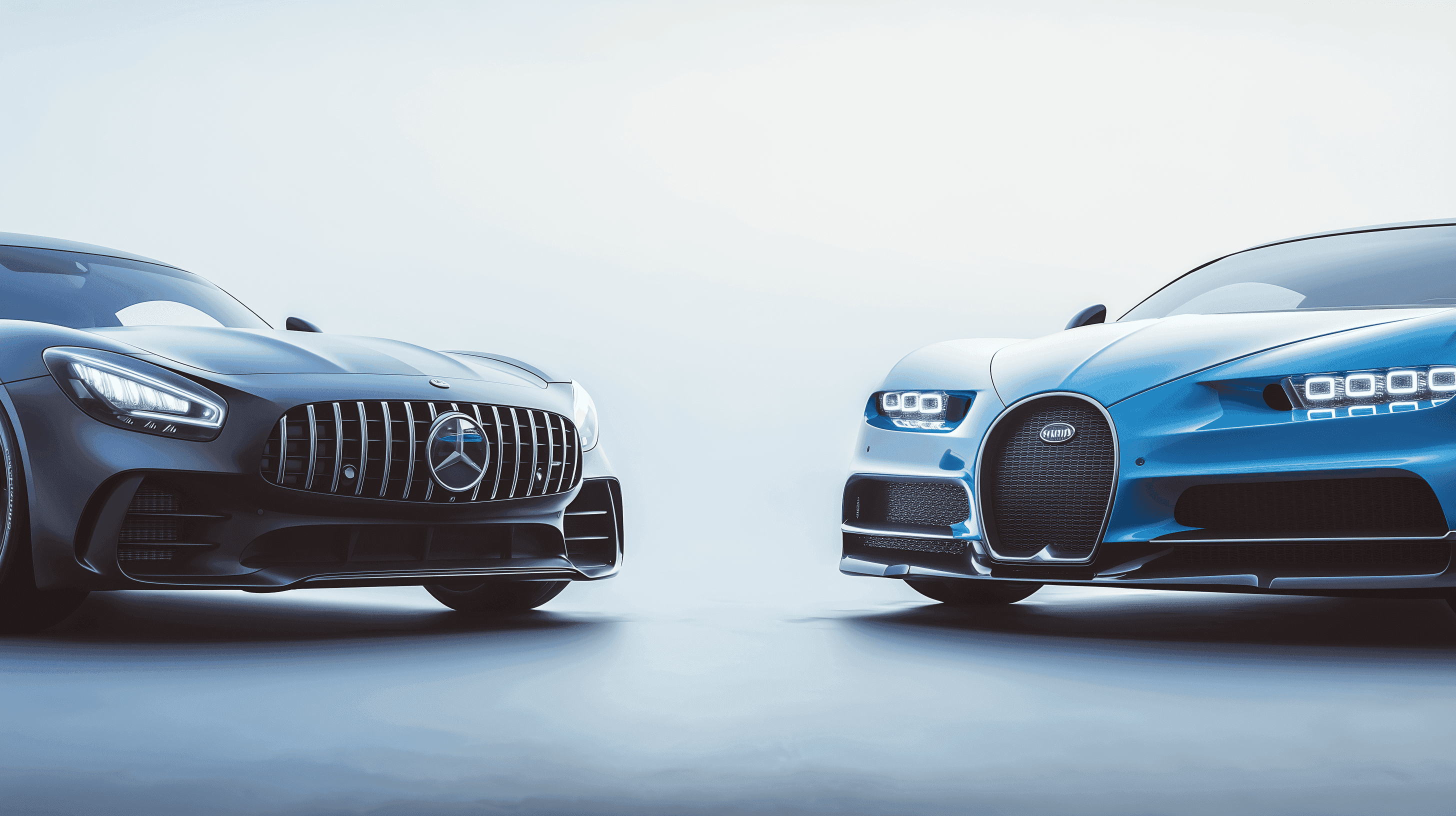 Two sleek, high-performance sports cars face off in a minimalist studio setting, showcasing their aerodynamic design and distinctive grilles, with the focus on their glossy, luxurious exteriors and cutting-edge headlight designs.