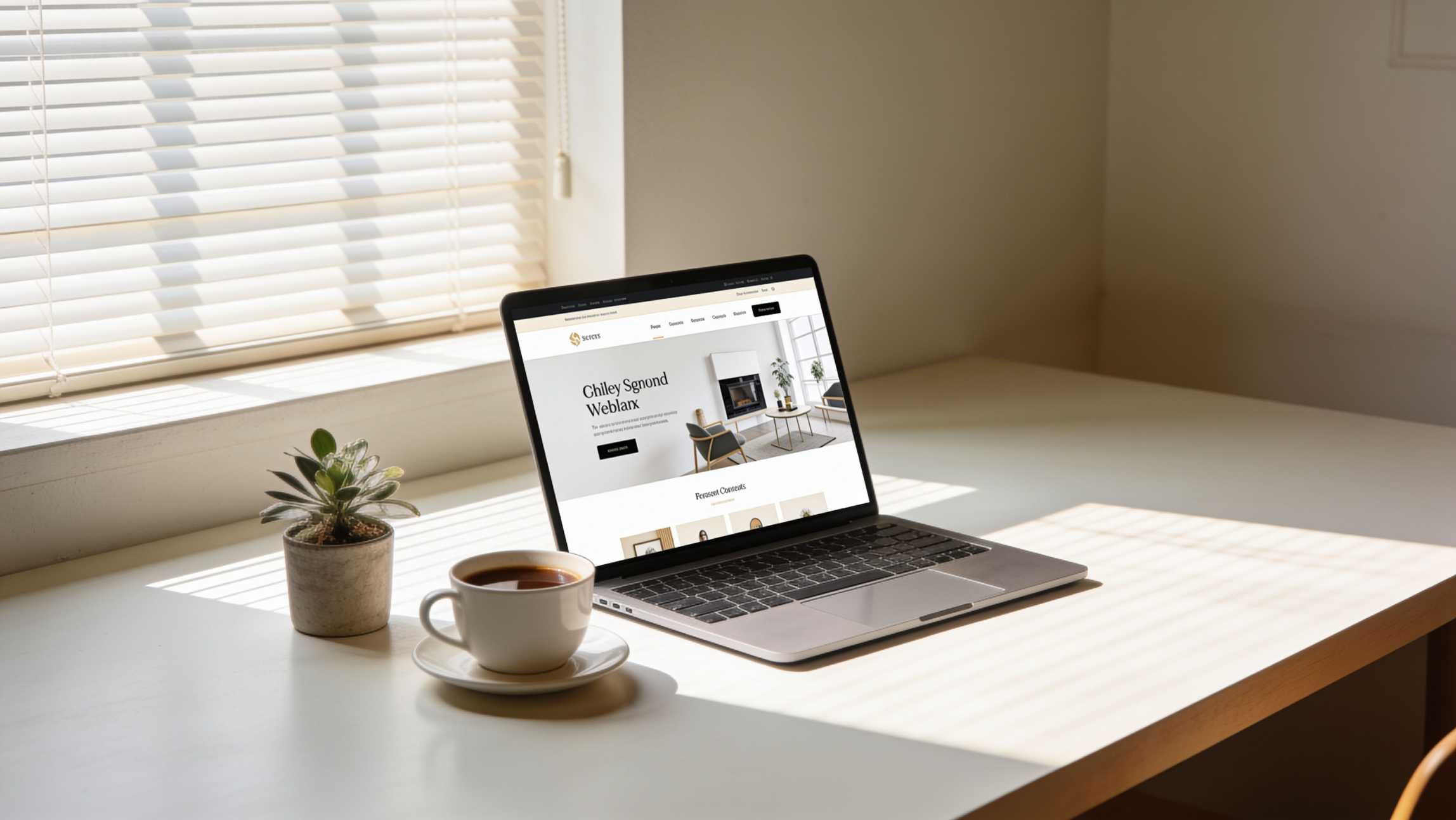 Sleek modern laptop on a clean, minimal desk displaying an elegant website design in warm natural light