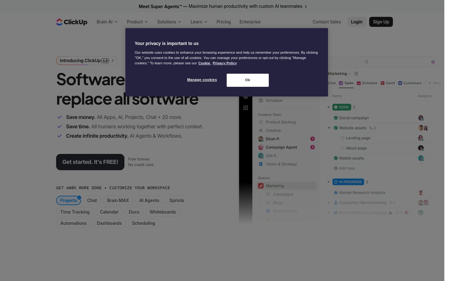 ClickUp homepage hero section showing project management platform