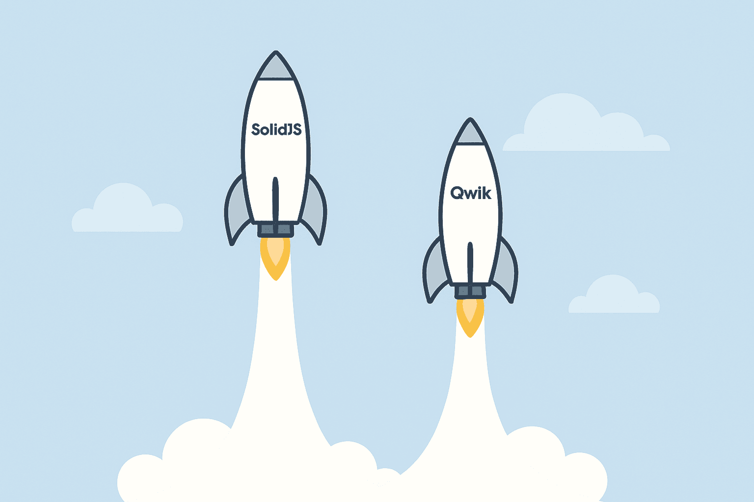 Landscape vector illustration showing two minimalist rockets labeled SolidJS and Qwik launching into a clear blue sky with smooth trails, symbolizing innovation, speed, and high-performance frameworks