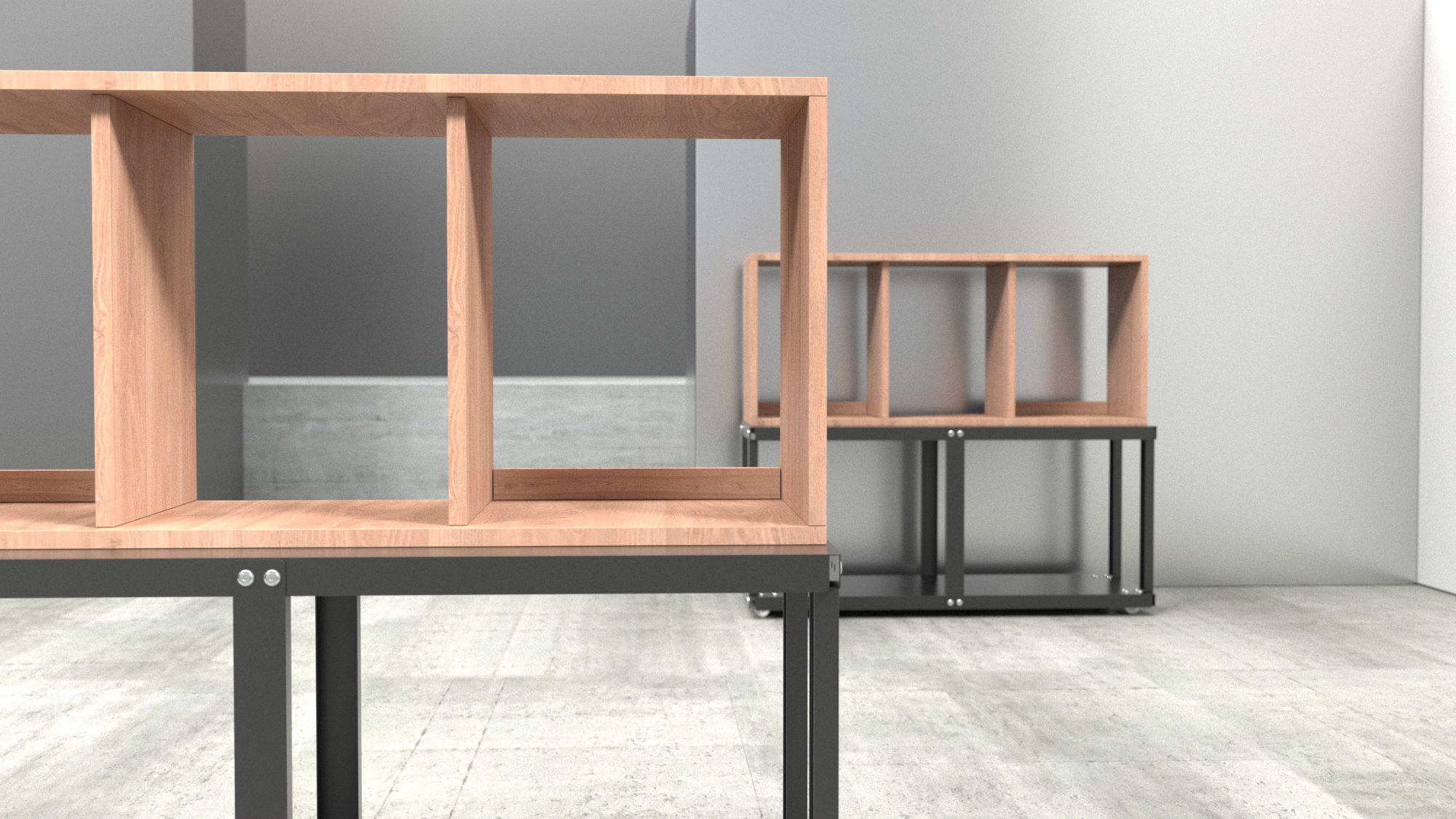 StrucShelf 전면 2열 선반과 프레임 디테일 클로즈업 – 확장 가능한 모듈 구조, Studio Underscore 디자인 프로젝트