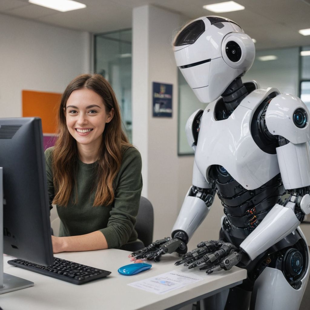 woman working with robot on a computer in a office