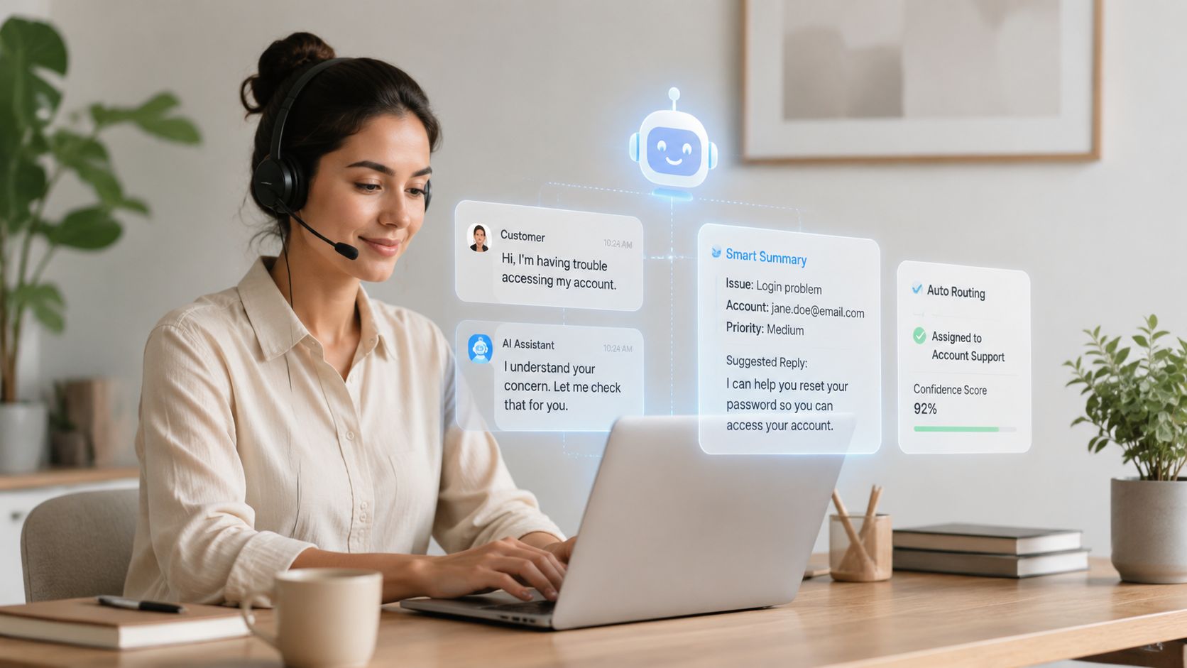 A professional customer support agent using an AI-powered interface to manage account login issues on her laptop.