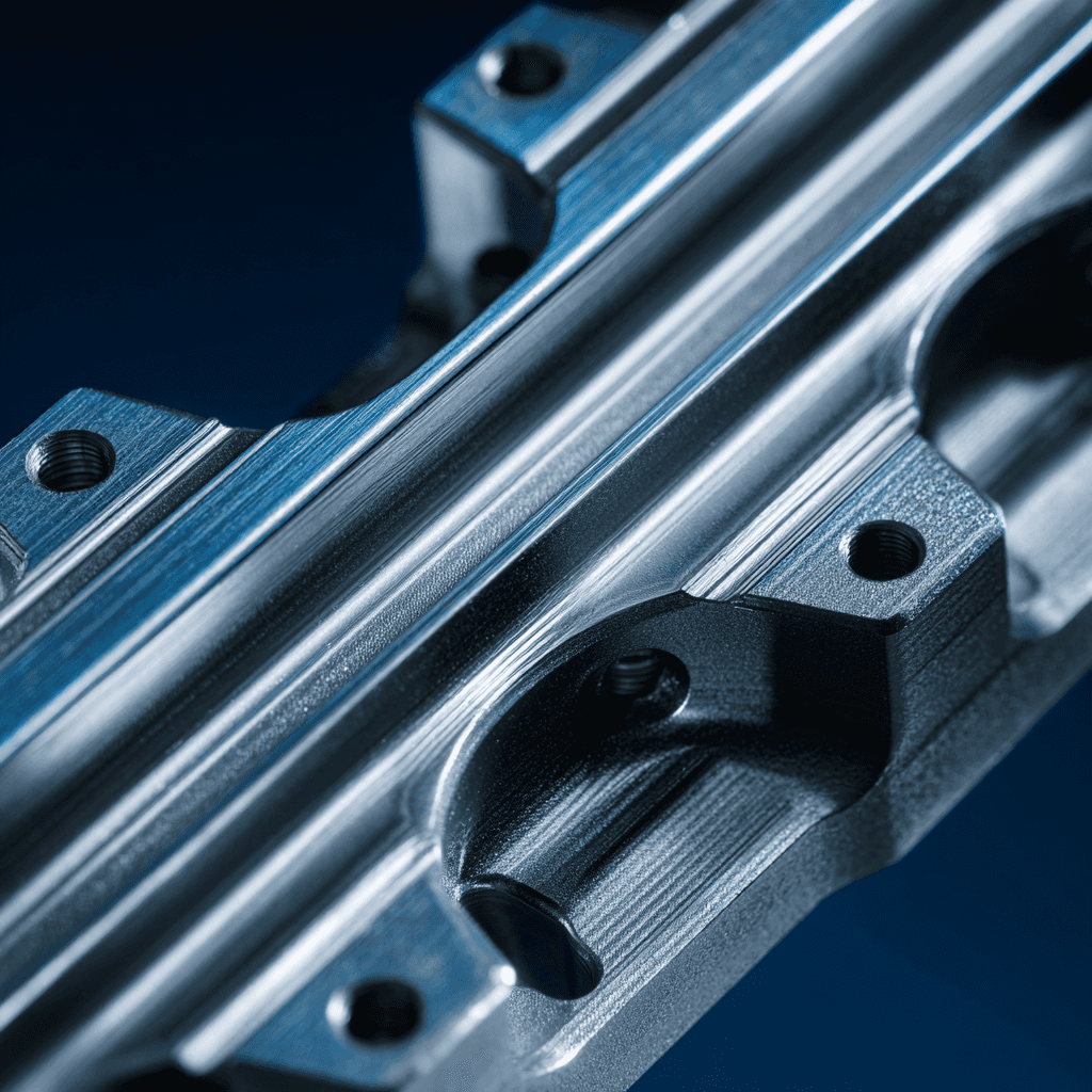 Close-up of precision-machined aluminum manifold with complex internal flow channels and tapped ports for fluid control systems.