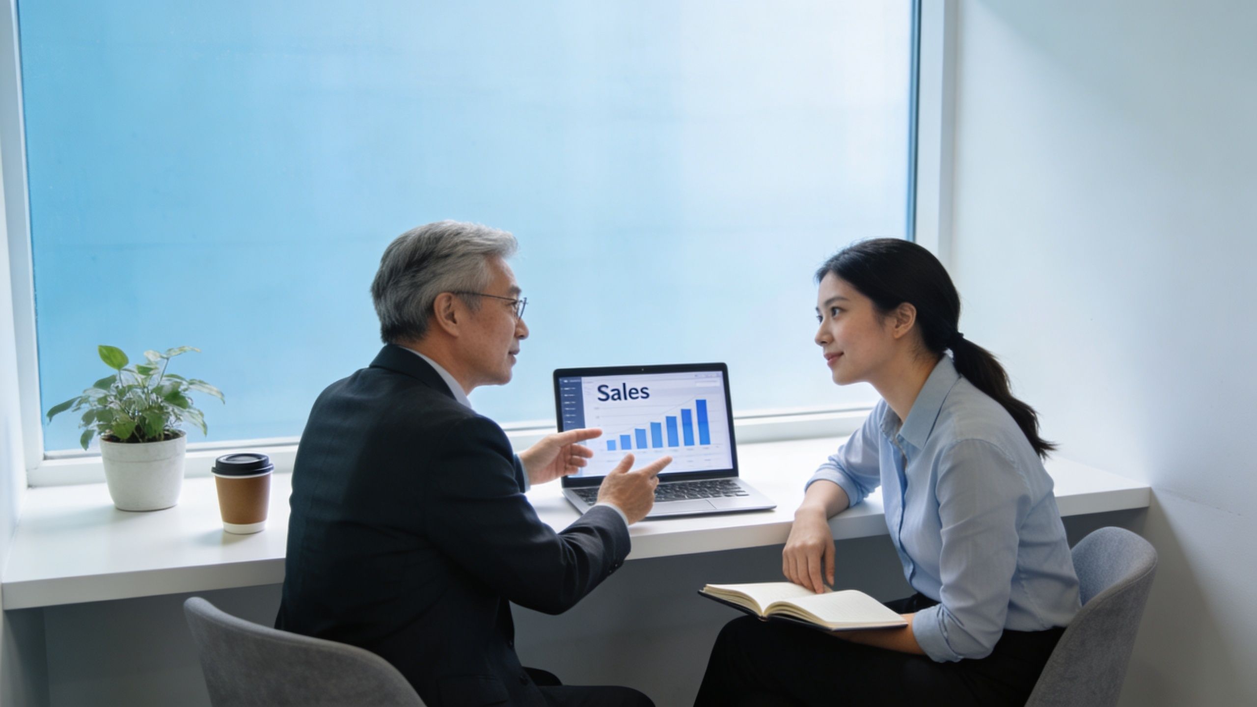 A professional man and woman discussing sales data on a laptop in a bright office meeting space.