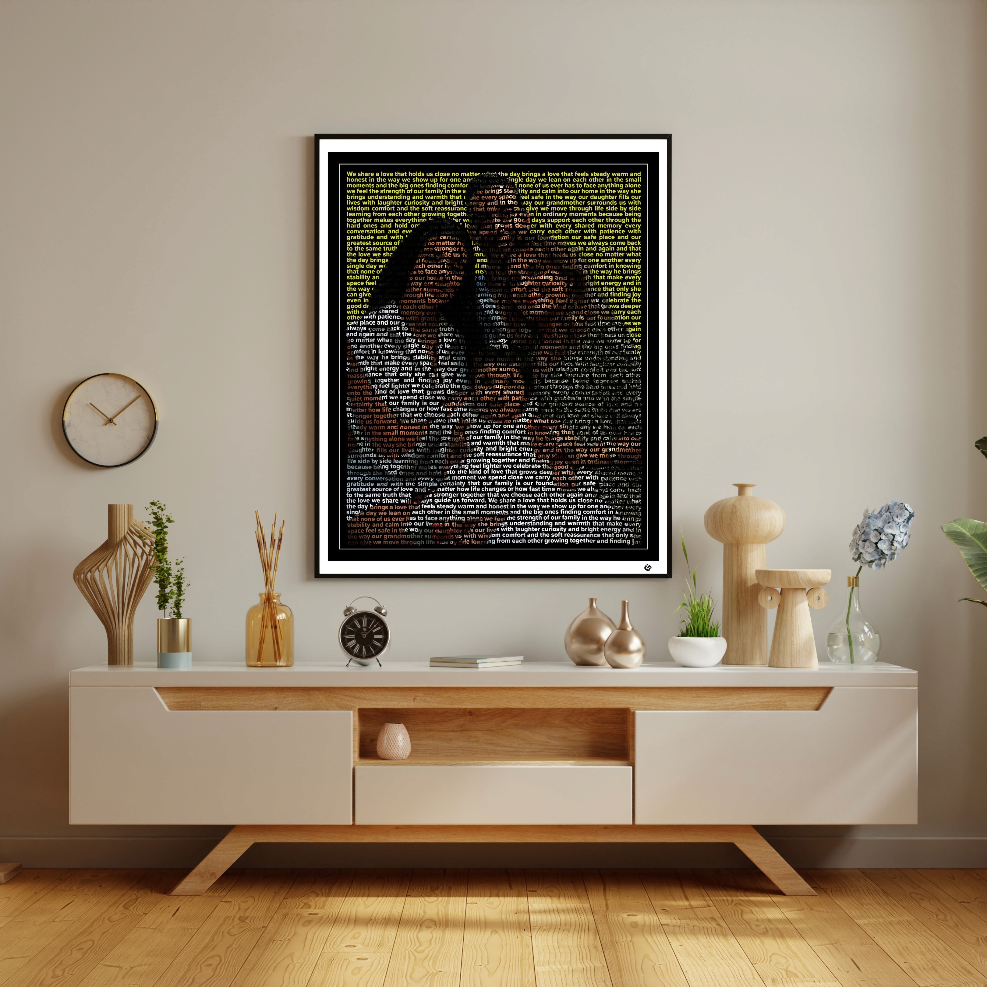 Custom text portrait of a man and his wife, little daughter, and grandmother, smiling together. Their silhouettes are formed entirely from repeated heartfelt text. The artwork features a thin white line, a sharp black border, and a white mat with a small black logo in the bottom-right corner.