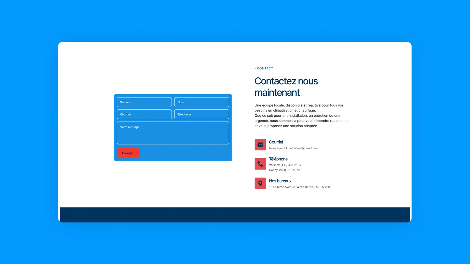 Section contact du site web de Beauregard Climatisation avec formulaire de soumission et coordonnées de l'équipe