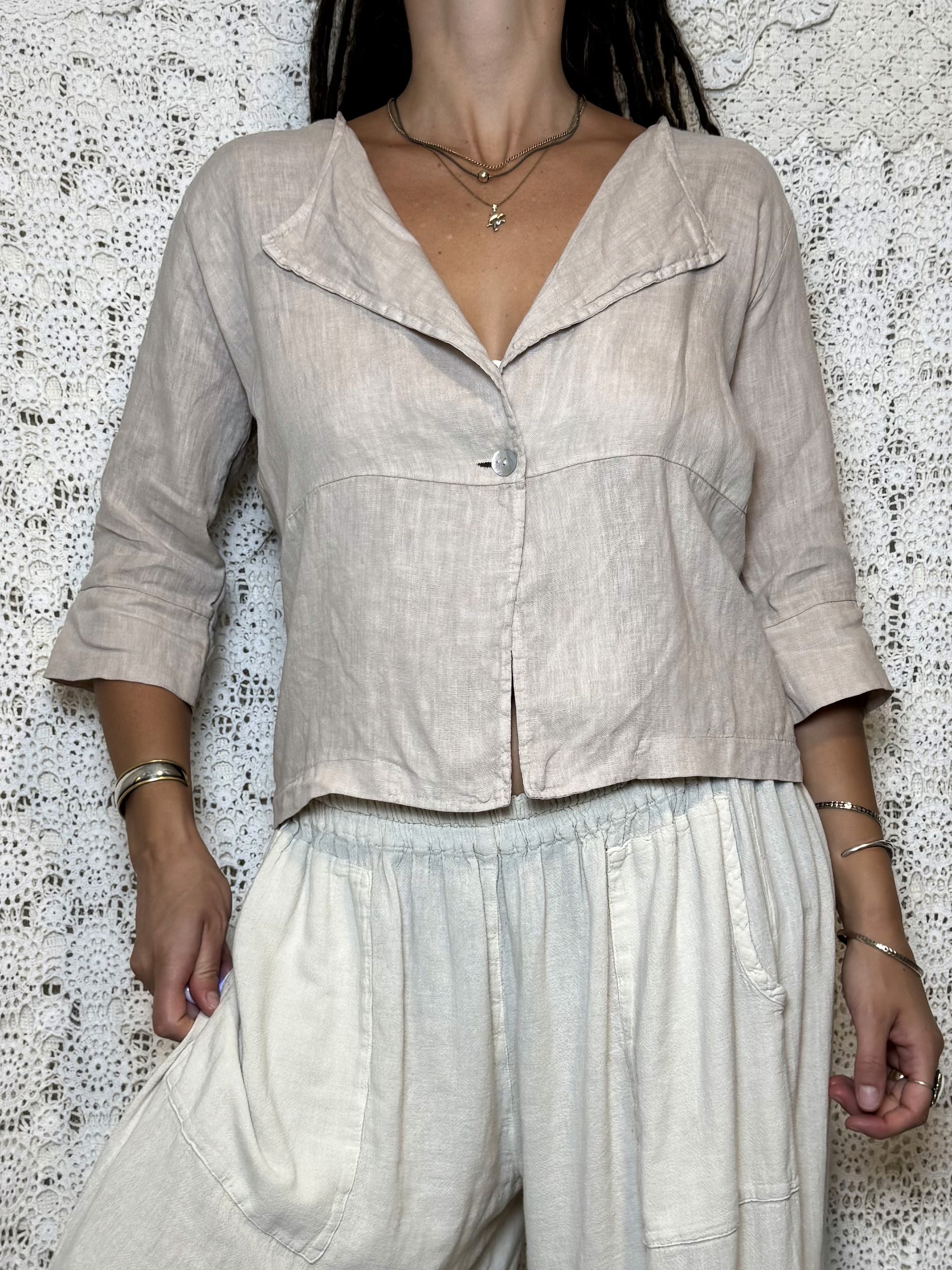 oatmeal linen button front blouse