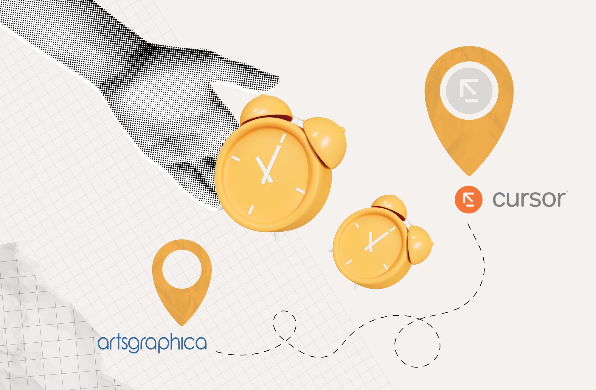 Stylized hand with halftone dot pattern reaching toward yellow alarm clocks, with location pin markers in yellow, with the Artsgraphica and Cursor logos connected by a dotted path line, set against a light background with geometric grid elements