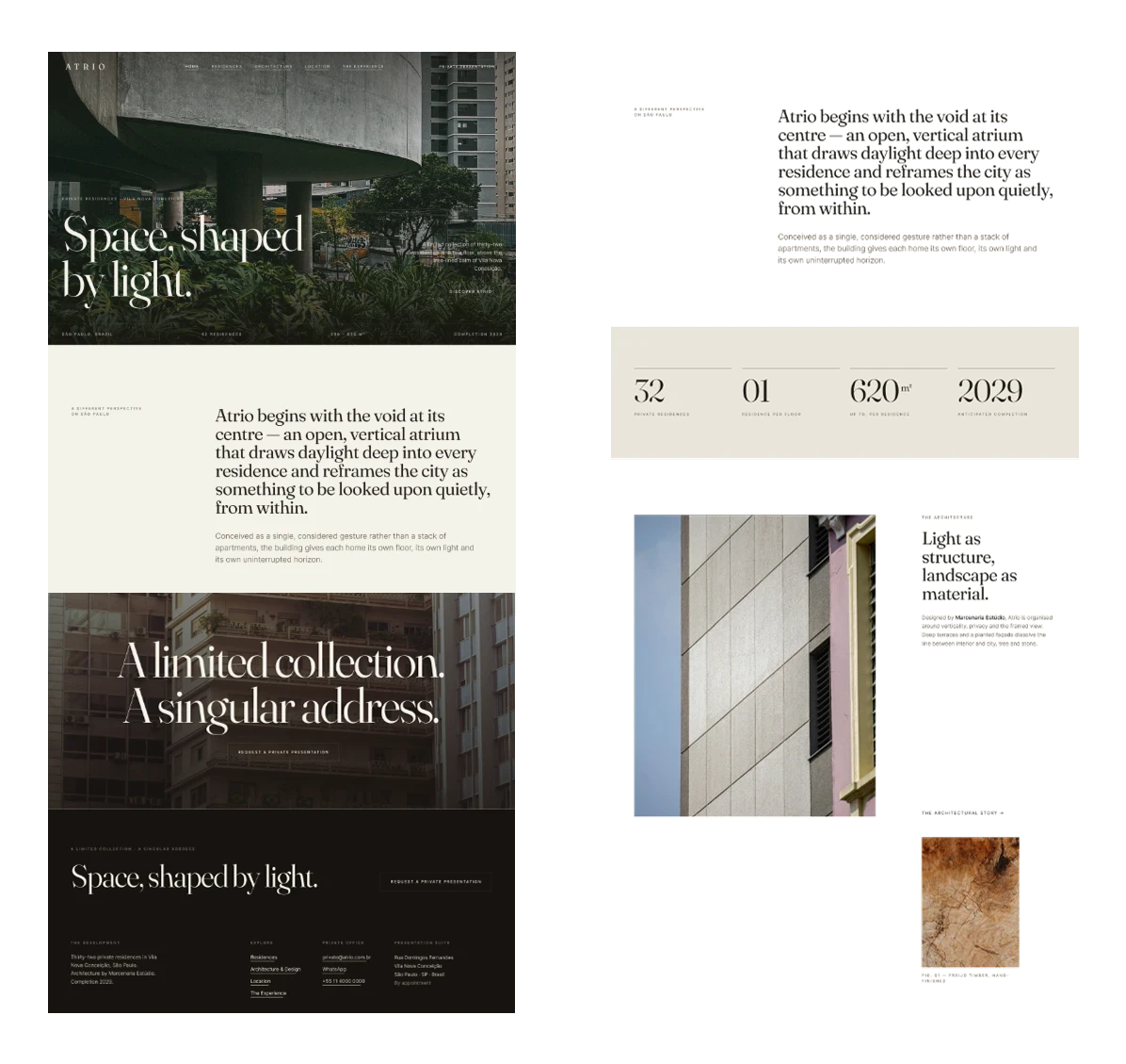 Dark-themed architecture website mockup featuring a striking modern building with clean, bold lines, representing a strong visual identity for design studios.