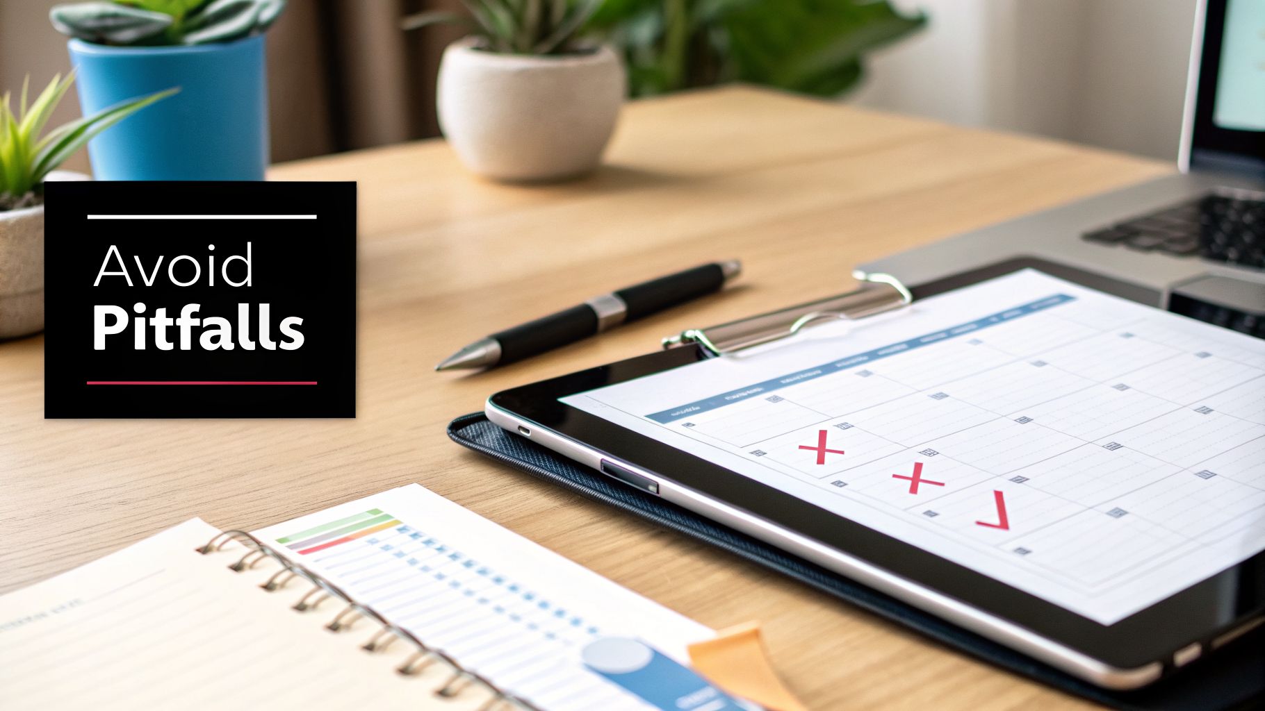 A desk with a tablet displaying a calendar with red marks, a pen, and a sign saying 'Avoid Pitfalls'.