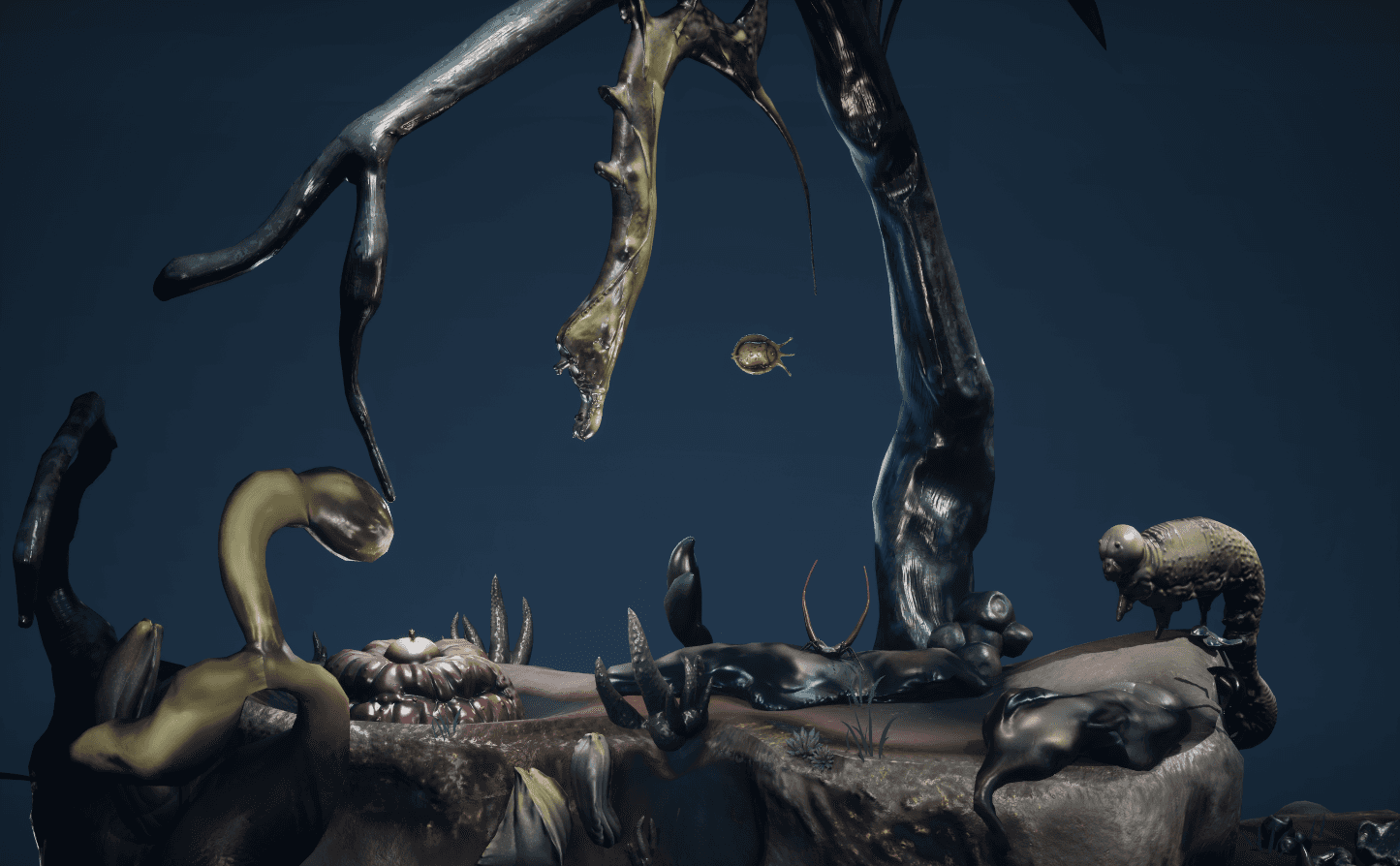 Wide final render of the environment, showing branching structures, clustered organic forms and small creatures beneath a deep blue atmosphere.