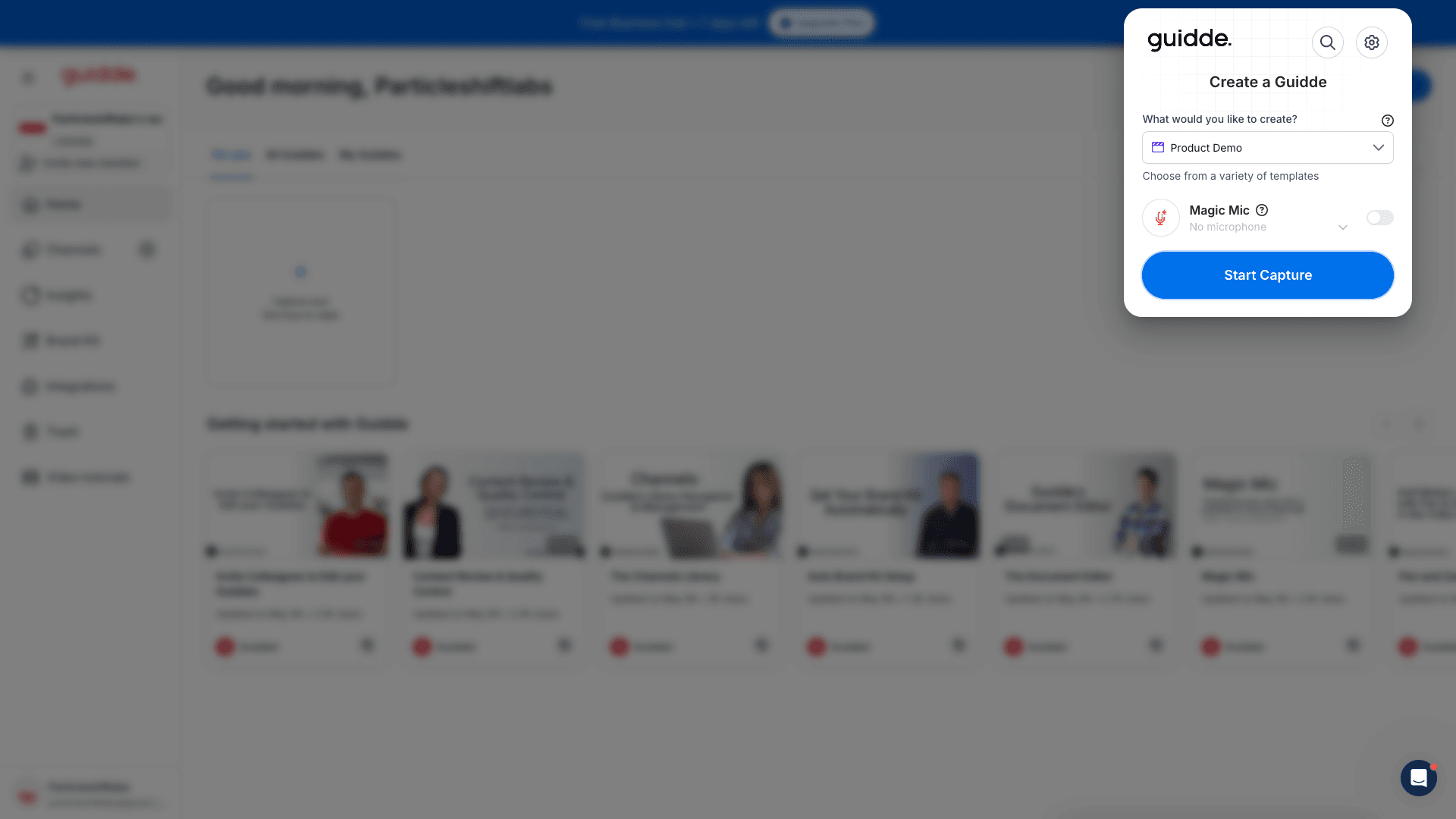 Guidde Chrome extension capture dialog with template and microphone options