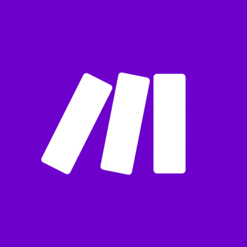 Make.com logo: Three white, slightly tilted rectangular blocks arranged in a descending pattern on a vibrant purple background. Symbolizes the building blocks of automation in Lucas Ostrowski's workflow integration toolkit.