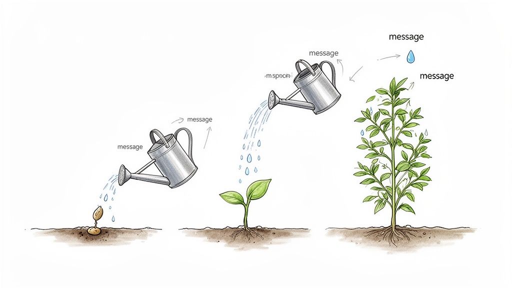 A three-stage illustration showing a plant growing from seed to tree, nurtured by watering cans labeled 'message'.