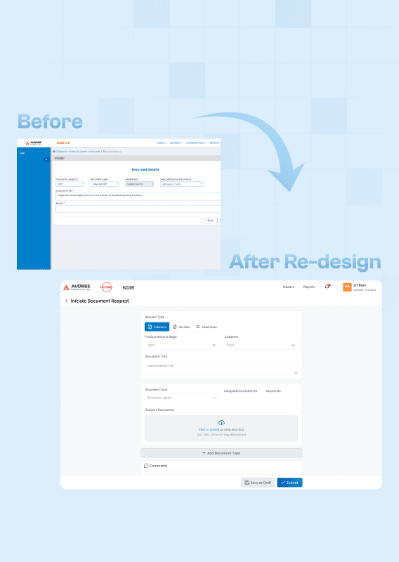 NDIR software Before and After redesigned screen