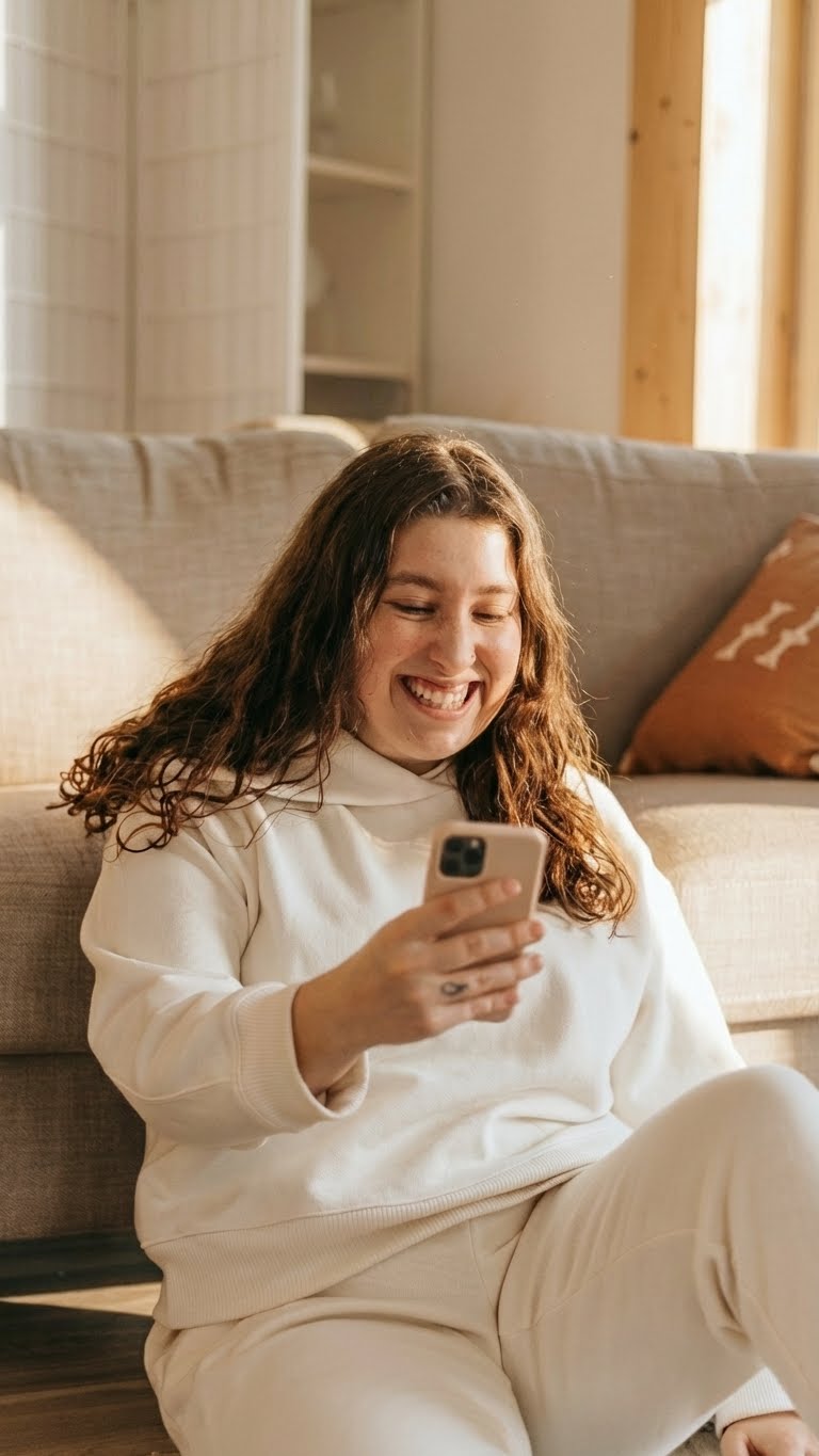 Woman leaning against a couch smiling while checking smartphone