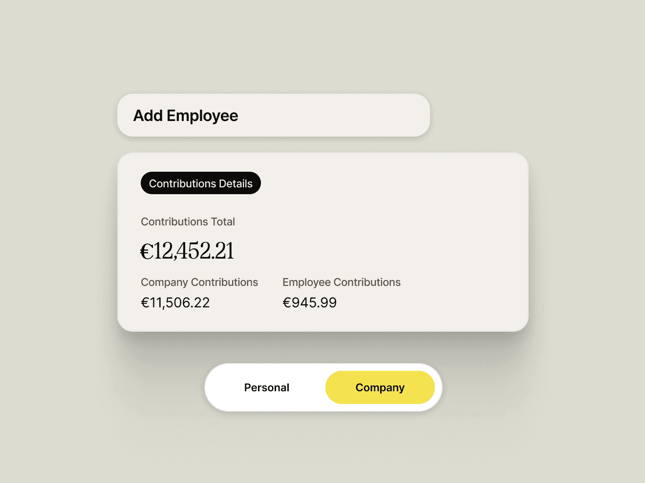 Pension contributions summary showing total of €12,452.21, split into company and employee parts