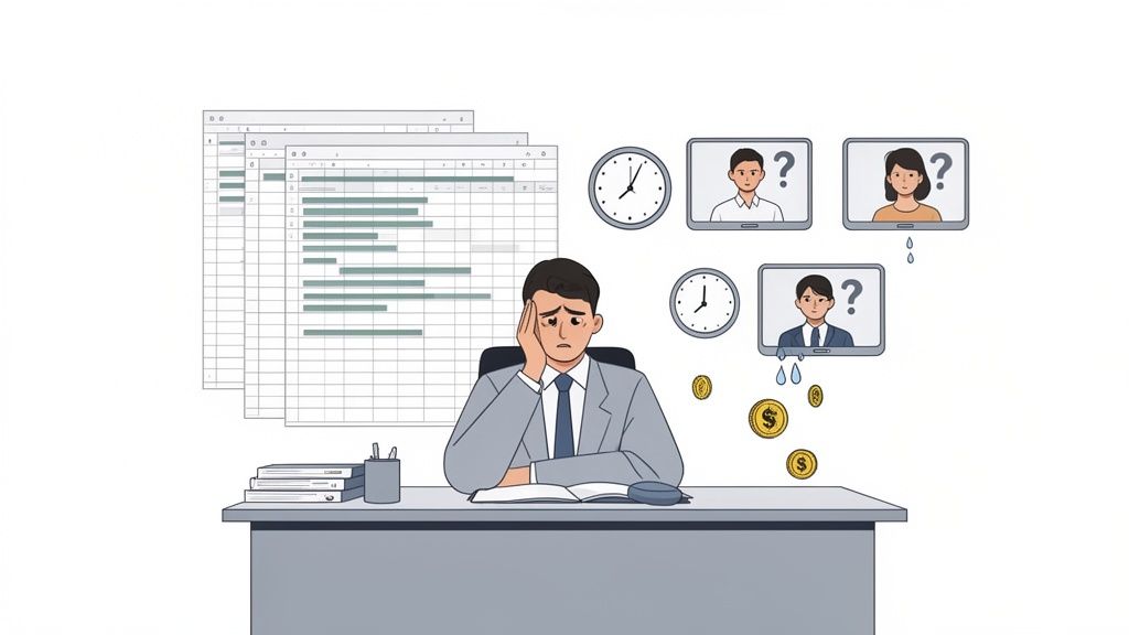 A stressed employee sits at a desk, overwhelmed by spreadsheets, clocks, team members with question marks, losing money.