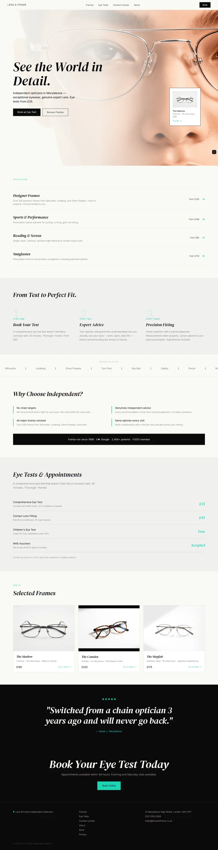 Full preview of a warm white independent optician website with an electric mint accent and DM Serif Display italic headlines. A floating frame preview card, brand marquee, and editorial collection rows give the site a fashion-forward feel.