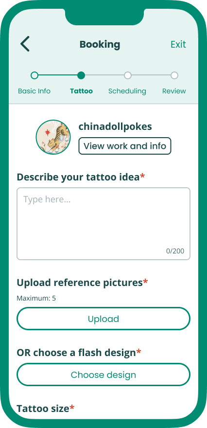 Inkedbook booking form screen