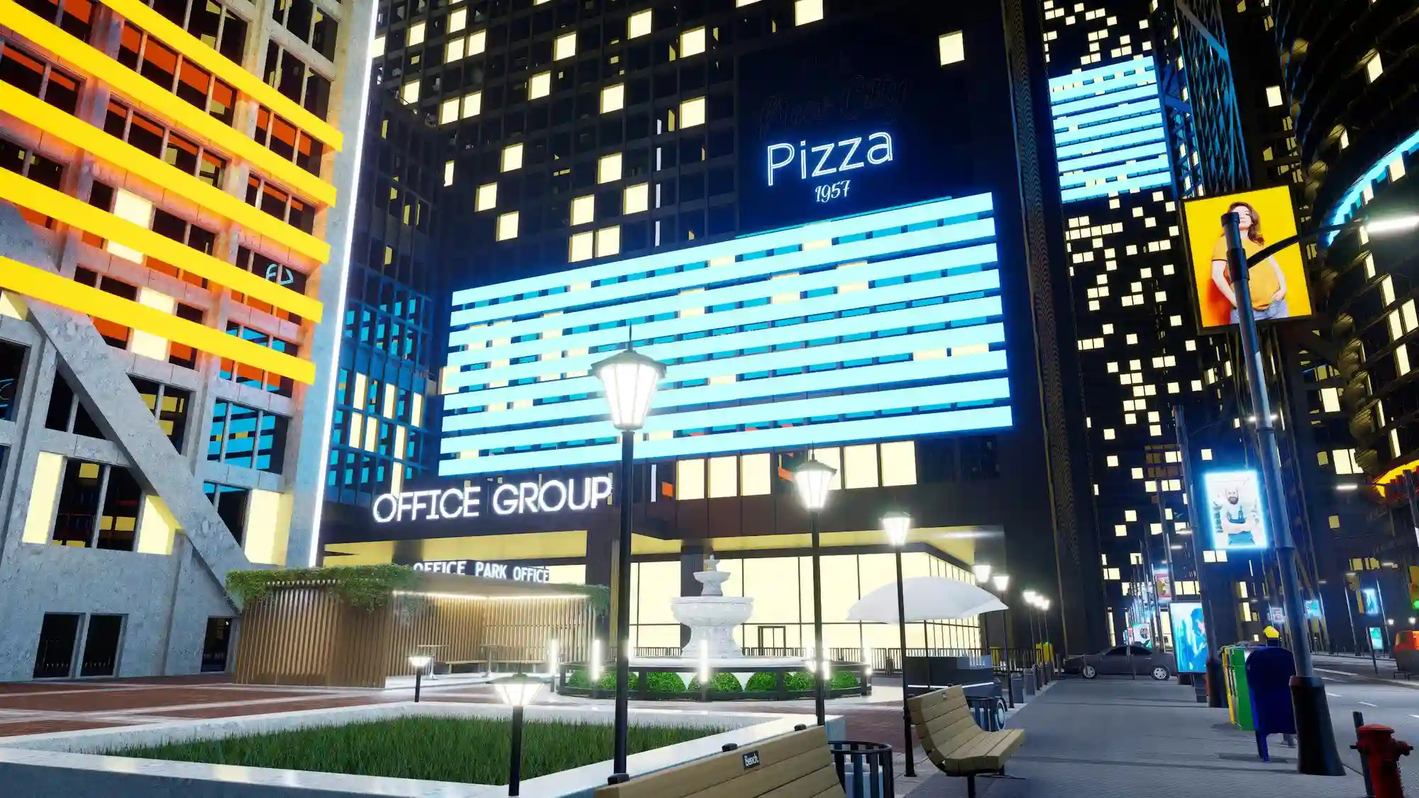 Vibrant night view of a modern city square featuring illuminated office buildings, digital billboards, and a central fountain.