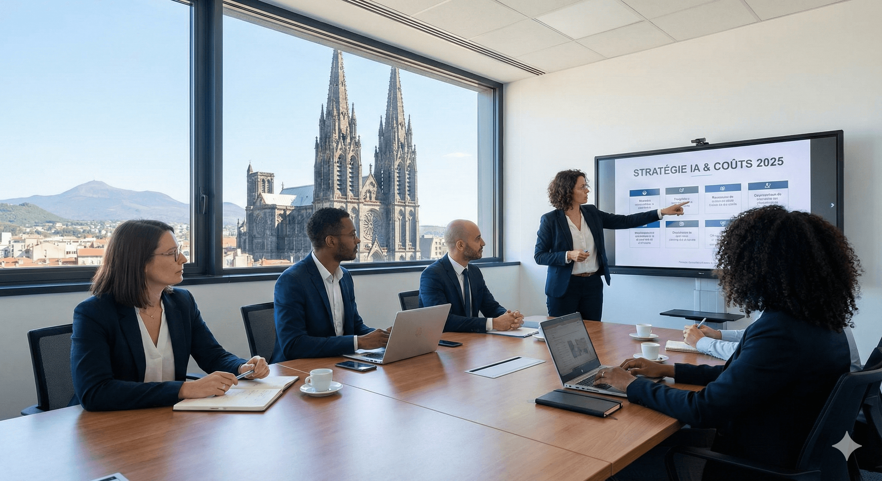Équipe d'entreprise à Clermont-Ferrand analysant des solutions d'intelligence artificielle et leurs coûts.