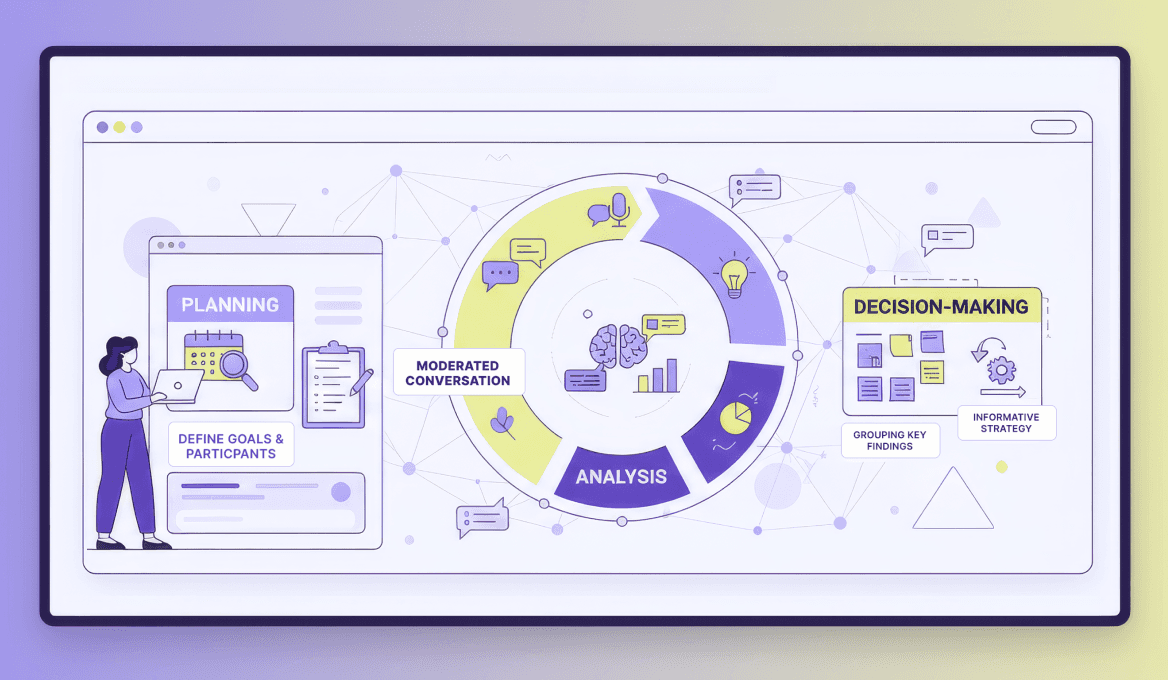 Illustrated UX research workflow interface showing planning, moderated conversations, analysis, and decision-making connected in one AI-supported process.
