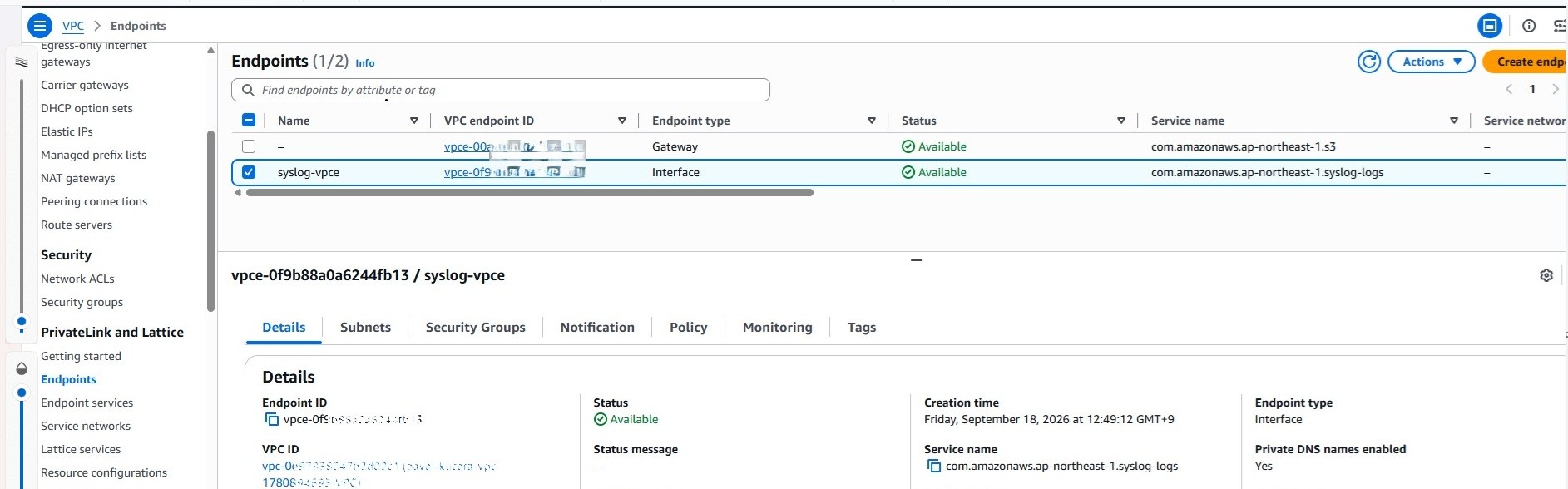 AWS VPC Endpoints list showing the syslog-vpce interface endpoint in Available state.