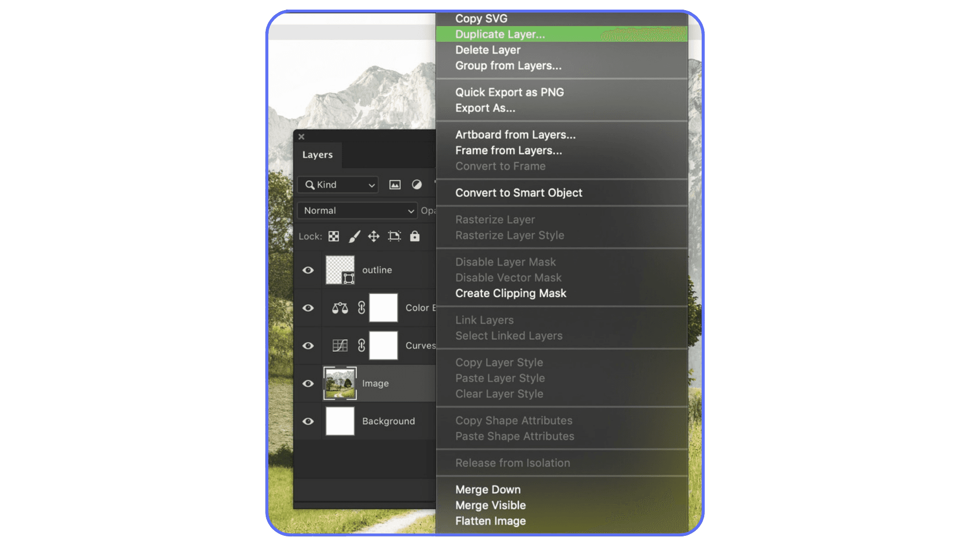 Photoshop right-click menu with Rasterize Layer disabled on a Smart Object layer