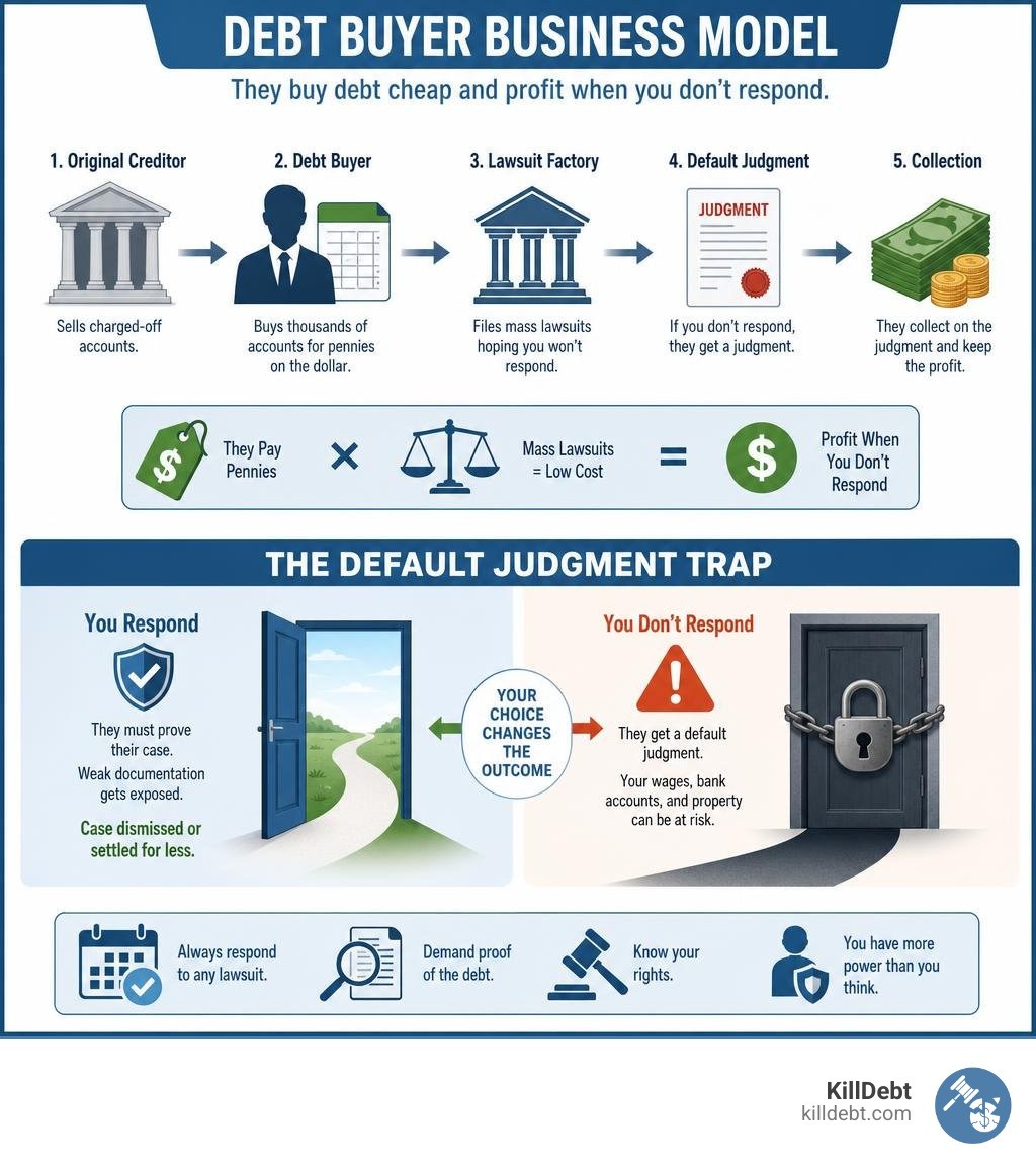 Debt buyer business model and default judgment trap infographic infographic