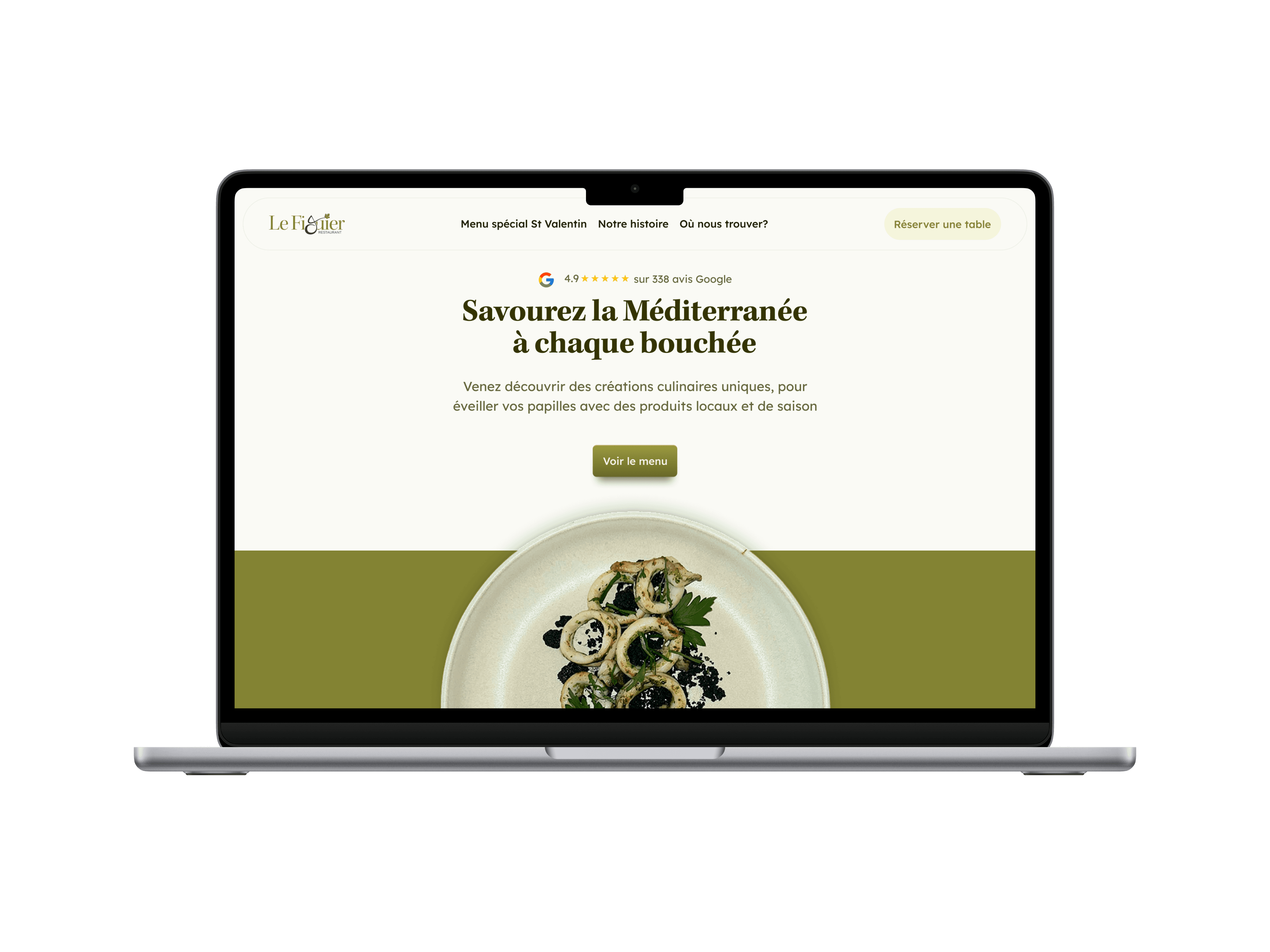 A picture of an open laptop showing the hero section of the website of the restaurant "Le Figuier"