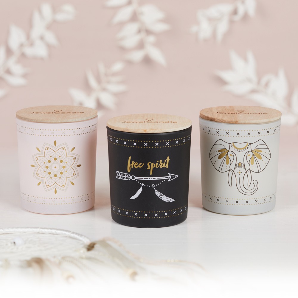 3 boho themed candles in a set