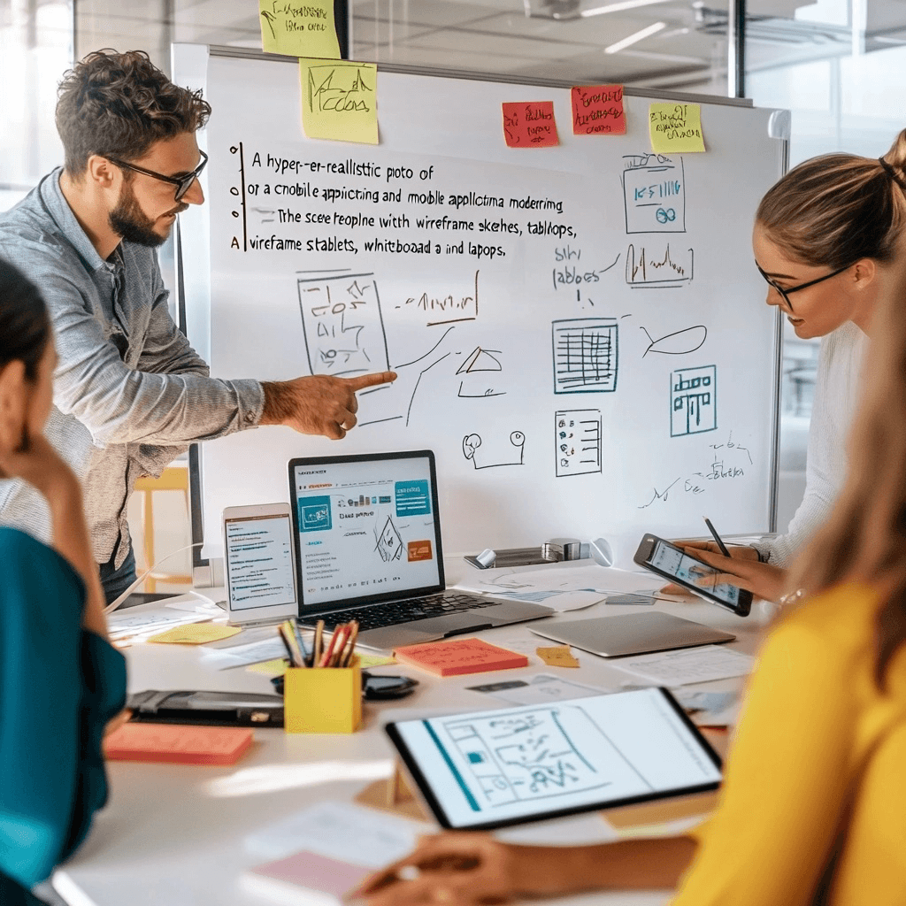 Équipe de travail avec des ordinateurs et tableau représentant l'idéation d'une application