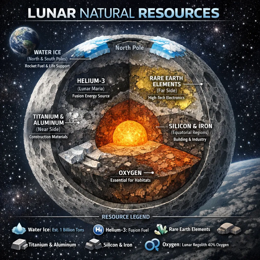 The infographic illustrates the distribution of lunar natural resources within a cutaway view of the Moon, highlighting key elements such as water ice at the poles, helium-3 in lunar maria, rare earth elements in the crust, and a core rich in oxygen, essential for construction, energy, and technological applications.